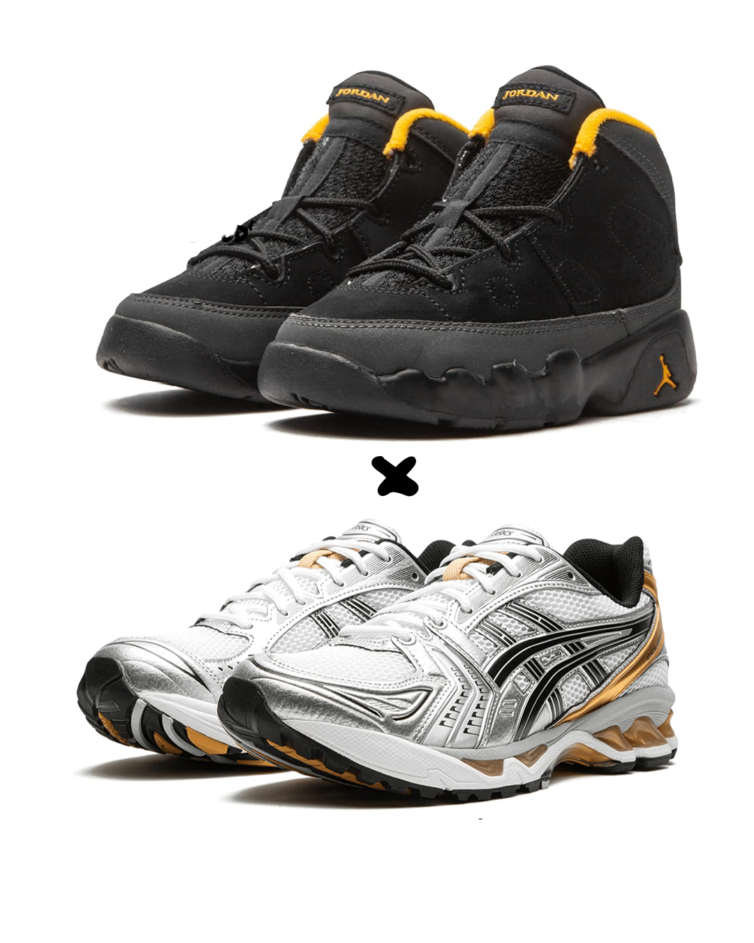 Air Jordan 9 Retro 'University Gold' X. ASICS GEL-Kayano 14 sneakers in a “White, Silver, and Gold”